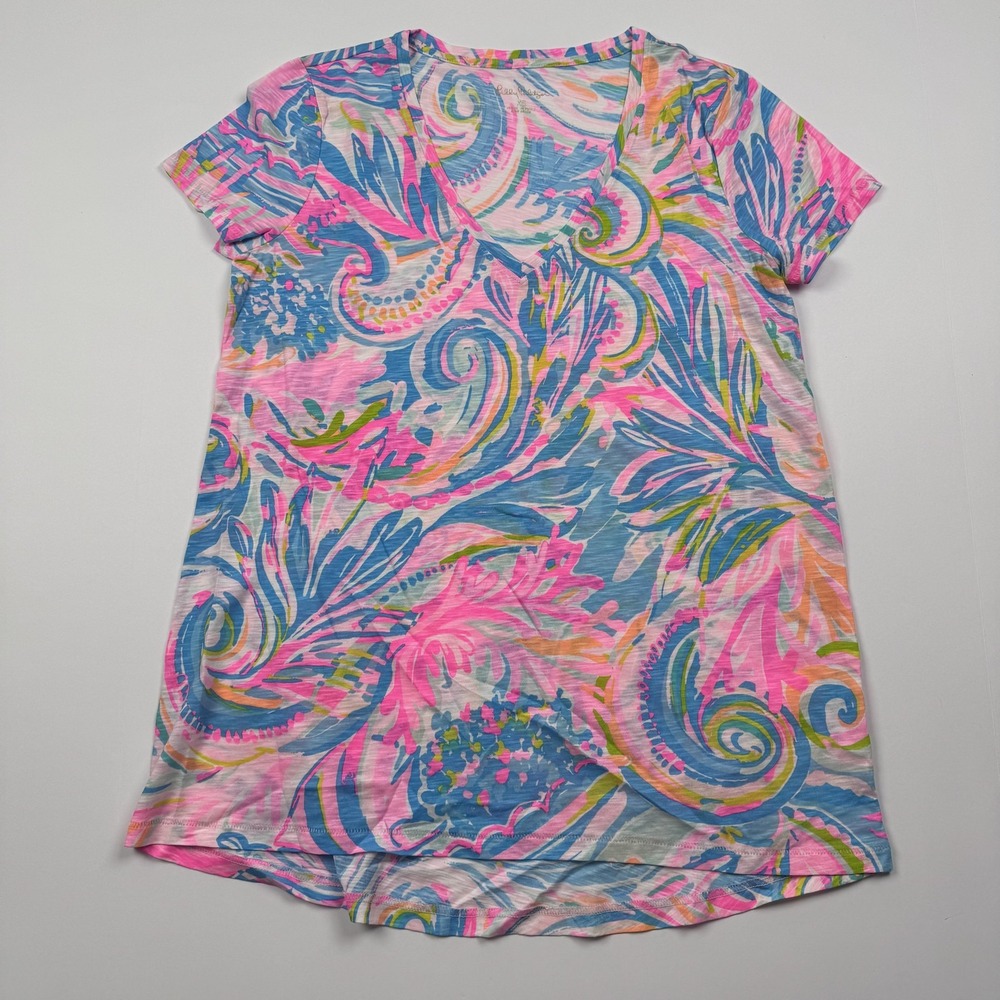Lilly Pulitzer Shirt Womens XS Pink Blue Paisley V Neck Slub Knit Tunic Top